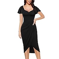 VFSHOW Womens V Neck Cocktail Ruffle Sleeve Wrap Slit Ruched Party Midi Dress Bodycon Work Business Sheath Pencil Dress