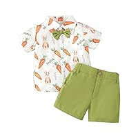 Toddler Boys Lapel Short Sleeve Easter Bunny Print Top And Solid Color Shorts For Boys Summer Short Set