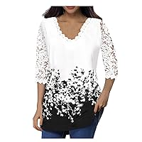 Women Top Floral Loose Fit Long Blouses for Women Lace Eyelet 3/4 Length Sleeve V Neck Summer Fall Shirts 2024