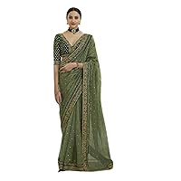 Olive Green Mehendi Function Indian Women's Designer Sequin & Zari Organza Saree Stylish Sari Blouse 6737, Multicolor, 6.3 mtrs lenght with Blouse Piece