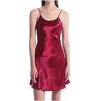 Women Lingerie One-Piece Long Dress Sheath Dress Sling O-Neck Inner Lap Chemise Nightdress Red