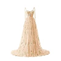 Flower Embroidery Tulle Prom Dresses Corset Long Spaghetti Strap Fairy Formal Evening Party Gown for Women
