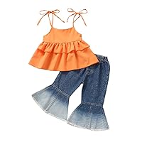 girls' multicolor sleeveless ruffled bow halter tops and flared denim trousers suits.