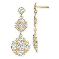 14K Yellow Gold w/Rhodium Shiny-Cut Flower & Heart Dangle Earrings