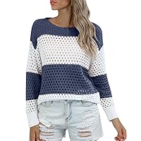 Women Cutout Pullover Sweater Crew Neck Long Sleeve Striped Colorblock Knit Casual Sweater Sweat Shirt