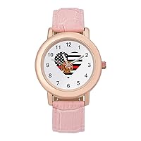 Firefighter Love Heart USA Flag Women's Watches Classic Quartz Watch with Leather Strap Easy to Read Wrist Watch
