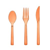 Party Essentials Hard Plastic Cutlery Combo Pack, 51 Pieces/17 Place Settings, Neon Orange