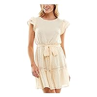 Speechless Womens Ivory Lined Tie Belt Pullover Keyhole Back Flutter Sleeve Round Neck Short Fit + Flare Dress Juniors XS