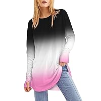 Leaky Thumb Top for Women Long Sleeve Solid Color Crewneck Tops Fashion Lightweight Gradient Medium Length Shirt