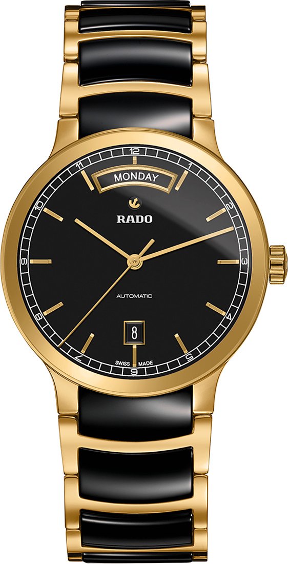 Rado Centrix Day-Date Black Dial Gold-plated Black Ceramic Mens Watch R30157162