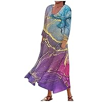 3/4 Sleeve Dresses for Women Summer Flowy Long Dress Casual Beach Sundresses Printed Boho Maxi Dresses with Pockets
