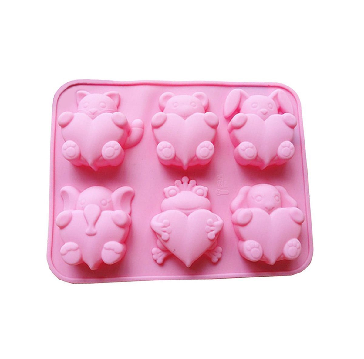 Cherion 6 Cavities Different Cute Animal-shaped Love Silicone Cake Baking Mold Handmade Soap Moulds Cake Pan Muffin Cups Biscuit Chocolate Ice Cube Tray DIY Mold, Pink