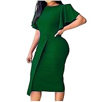 Work Dress for Women Business Casual Knee Length Buttock Dress Puffy Ruffle Sleeve Tube Dress Office Lady Sheath Dress