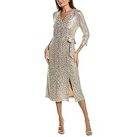 Anne Klein Women's Long Sleeve Faux Wrap Sequin Midi Dress