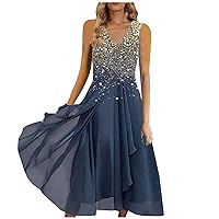 Vestido De Verano para Mujer 2024, Sundresses for Women Casual Loose Sundress Long Sleeveless Maxi Dresses Summer Beach Formal Dress Light Blue Midi Semi Cocktail Dresses (4XL, Gold)