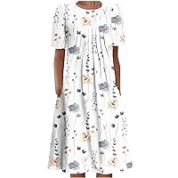 Foral Summer Dress for Women 2024 Flowy Casual Dress Short Sleeve Beach Dress Swing Vacation Sundress with Pocktes