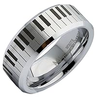 White Custom Engraved Tungsten Carbide Piano Keyboard Design 6mm or 8mm Brushed with Polished Beveled Edges or Brushed Pipe Wedding COMFORT FIT Band