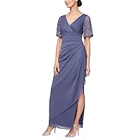 Alex Evenings Women's Flutter Sleeve Long Dress-Elegant A-line Silhouette with Ruched Empire Waist (Petite and Regular Sizes)