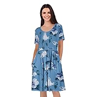 Women's Short Sleeve Empire Knee Length Dress with Pockets White/Blue