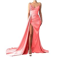 Women's Coral Mermaid Bridesmaid Dresses 2022 Strapless Sequin Beaded Satin Long Slit Evening Gowns Bridesmaid Dresses