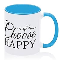 Choose Happy Coffee Mug Blue Ceramic Coffee Cup Funny Office Mugs Gift for Father's Water Cafe 11oz Valentine's Day Mug Unique Gift For Him Stocking Stuffer for Dad, Mom, Friend