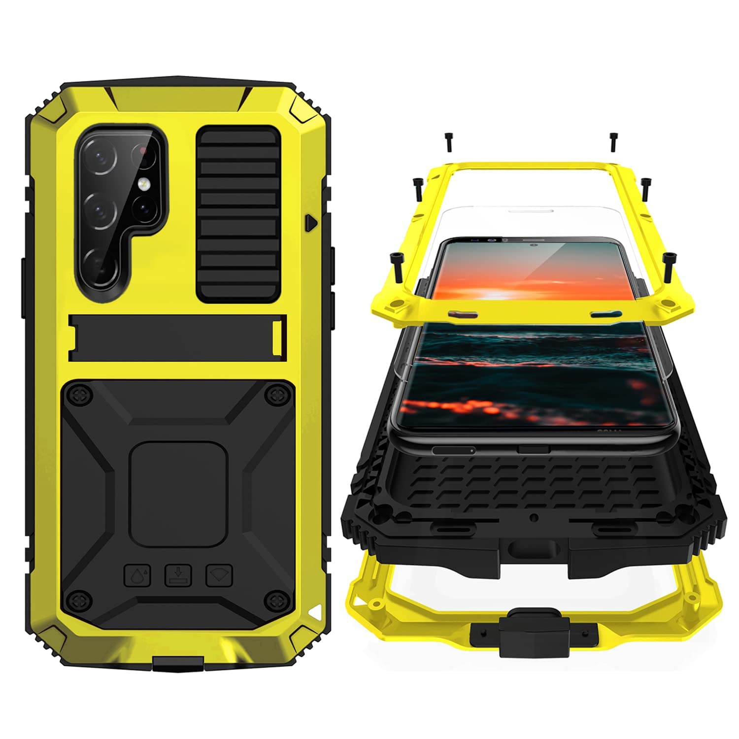 Simicoo Samsung S22 Plus Metal Bumper Silicone Case with Stand Hybrid Military Shockproof Heavy Duty Rugged case Built-in Screen Protector Cover for Samsung S22 Plus (S22 Plus, Yellow)