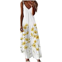 Women's Bohemian Print V-Neck Glamorous Dress Flowy Casual Loose-Fitting Summer Swing Sleeveless Long Floor Maxi Beach Yellow