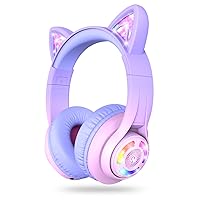 iClever Cat Ear Kids Bluetooth Headphones, LED Lights Up, 74/85/94dB Volume Limited, 50H Playtime,Bluetooth 5.2, USB C, Kids Headphones Wireless for Travel iPad Tablet, Meow Macaron-Gradient Pink