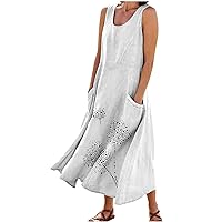 Linen Dress for Women Casual Sleevesless Scoop Neck Dresses Ladies Plus Size Dandelion Print A Line Midi Swing Dress