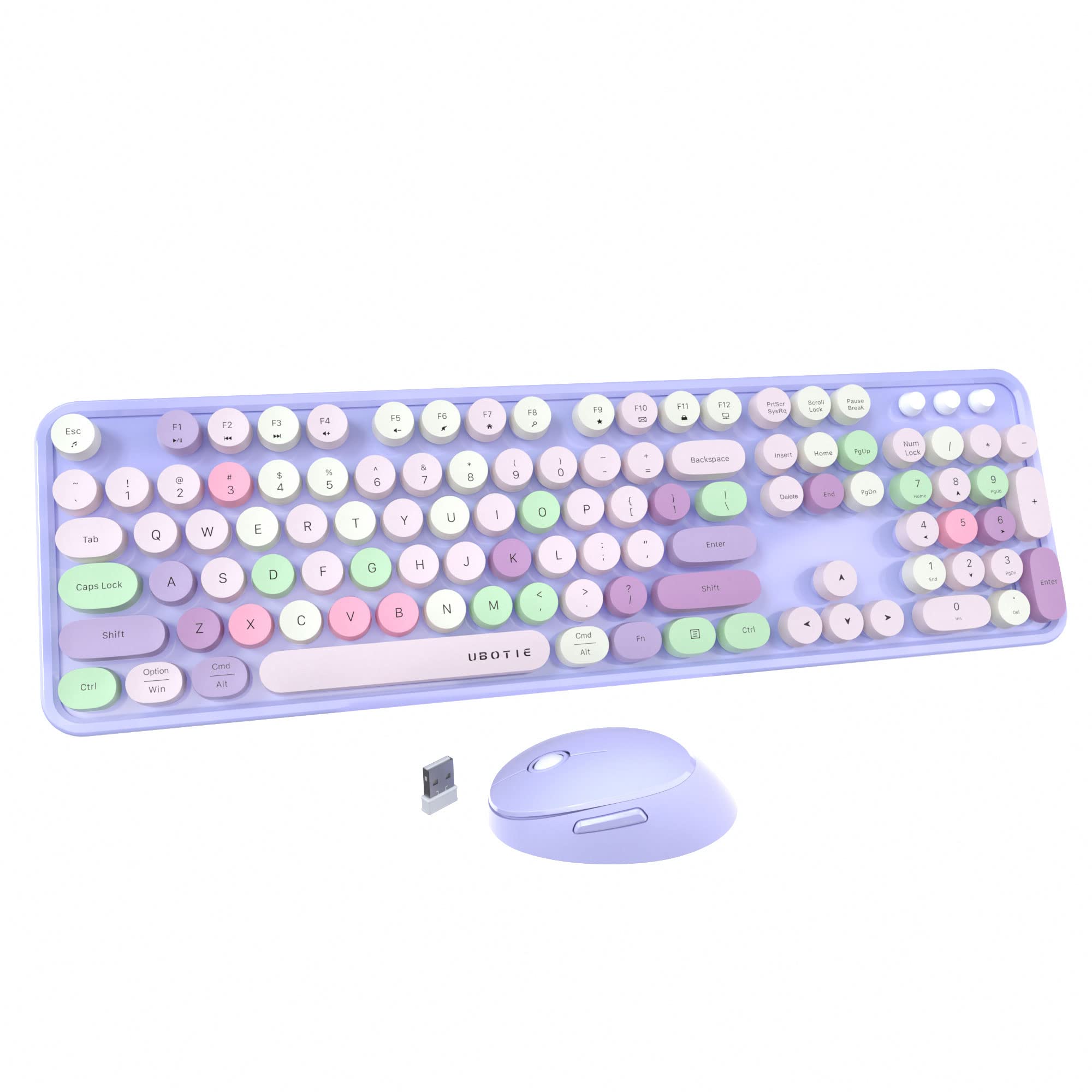 UBOTIE Colorful Computer Wireless Keyboard Mouse Combos, Typewriter Flexible Keys Office Full-Sized Keyboard, 2.4GHz Dropout-Free Connection and Optical Mouse (Purple-Colorful)