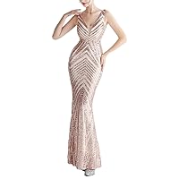 Women's Deep V-Neck Sequins Sleeveless Mermaid Formal Evening Dress