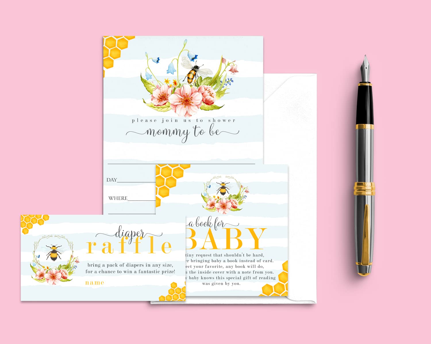 Bumblebee Baby Shower Invitation Bundle (25 Guests) Pack Includes Diaper Raffle Tickets, Bring a Book Cards, Blank Invites with Envelopes - Bee Theme Gender Reveal