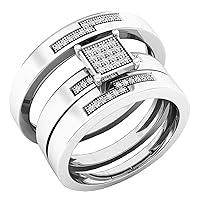 Dazzlingrock Collection 0.15 Carat (ctw) Round Diamond Men's & Women's Engagement Ring Trio Set, Sterling Silver