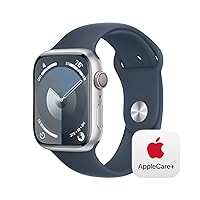 Apple Watch Series 9 [GPS + Cellular 45mm] Smartwatch with Silver Aluminum Case with Storm Blue Sport Band S/M with AppleCare+ (2 Years)