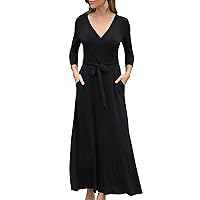 Aphratti Womens 3/4 Sleeve Faux Wrap Casual Fall Long Maxi Dress with Pockets