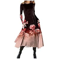 Women's Christmas Outfit Fashion Casual Printed Round Neck Pullover Slim Fitting Long Sleeve Dress Tops, S-3XL