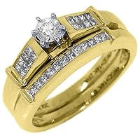 14k Yellow Gold .50 Carats Round & Princess Diamond Engagement Ring Bridal Set