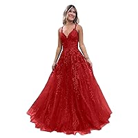 Tulle Prom Dress Lace Appliques Formal Dresses for Women V Neck Sparkly Spaghetti Strap Evening Dress