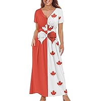 Canadian Flag Short Sleeve V Neck Beach Dress for Women, Breathable and Stretchy Sundress for Daily Shopping Holiday Travel Party