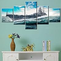 Naval Boat Pictures Battle Ship Paintings for Living Room 5 Panel Canvas Wall Art HD Prints Military Ship Wall Art Rustic House Decor Warship Artwork Framed Gallery-Wrapped Ready to Hang(50”WX24”H)