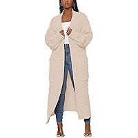 LAJIOJIO Women's Long Sleeve Cable Knit Open Front Cardigan Sweater Coat Oversized Slouchy Chunky Knitwear Outwear with Pockets White