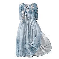 Linen Dresses for Women 2024 Elegant 3/4 Sleeve Floral Midi Dresses Lapel Collar Button Lace-Up Flowy A Line Dress