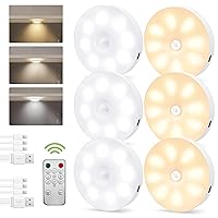Under Cabinet Lighting, 3 Color Puck Lights with Remote Control Rechargeable, Wireless LED Closet Lights Motion Sensor Dimming & Timing, Battery Under Counter Lights for Kitchen,Display Case(6P)