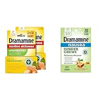 Dramamine Non-Drowsy, Motion Sickness Relief, Made with Natural Ginger, 18 Count, 2 Pack & Ginger Chews, Nausea Relief Soft Chews Lemon-Honey-Ginger, 20 Count