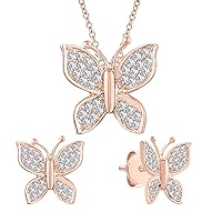 Beautiful Butterfly Shaped Round Cut White Diamond 14k Gold Over .925 Sterling Silver Pendant Necklace Stud Earrings Set For Girl's & Women's