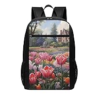 Tulip Garden Print Simple Sports Backpack, Unisex Lightweight Casual Backpack, 17 Inches