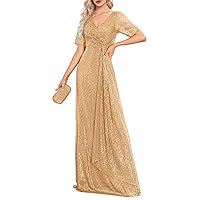 A-Line Elegant Evening Dress Prom Dress Floor Length Short Sleeve V Neck Party Dress Wedding Guest with Sequin 2024