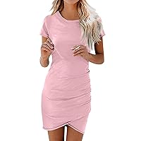 Summer Dresses for Women 2024,Trendy Round Neck Short Sleeves Solid Color Ruched Bodycon Fashion Mini Casual Elegant Dress