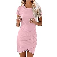 Women's Summer Dresses 2024 Beach Dress Round Neck Short Sleeve Wrap Party Club Pleated Slim Shirt Dresses, M-XL