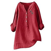 Summer Womens Dandelion Print Tops Loose Cotton Linen Long Sleeve V Neck Button Henley Shirts Plus Size Casual Blouse